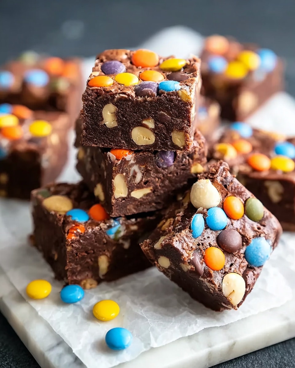 A small pile of square-shaped chocolate brownies sits on white parchment paper on a white marbled surface. Each brownie has a thick, dense dark brown base with visible nuts embedded inside. The top layer is covered with colorful candy-coated chocolate pieces in orange, yellow, blue, and white, scattered evenly across the surface, adding a textured, playful look. The brownies are stacked unevenly, with one piece tilted slightly forward, showing both the top and side layers clearly. Photo taken with an iphone --ar 4:5 --v 7