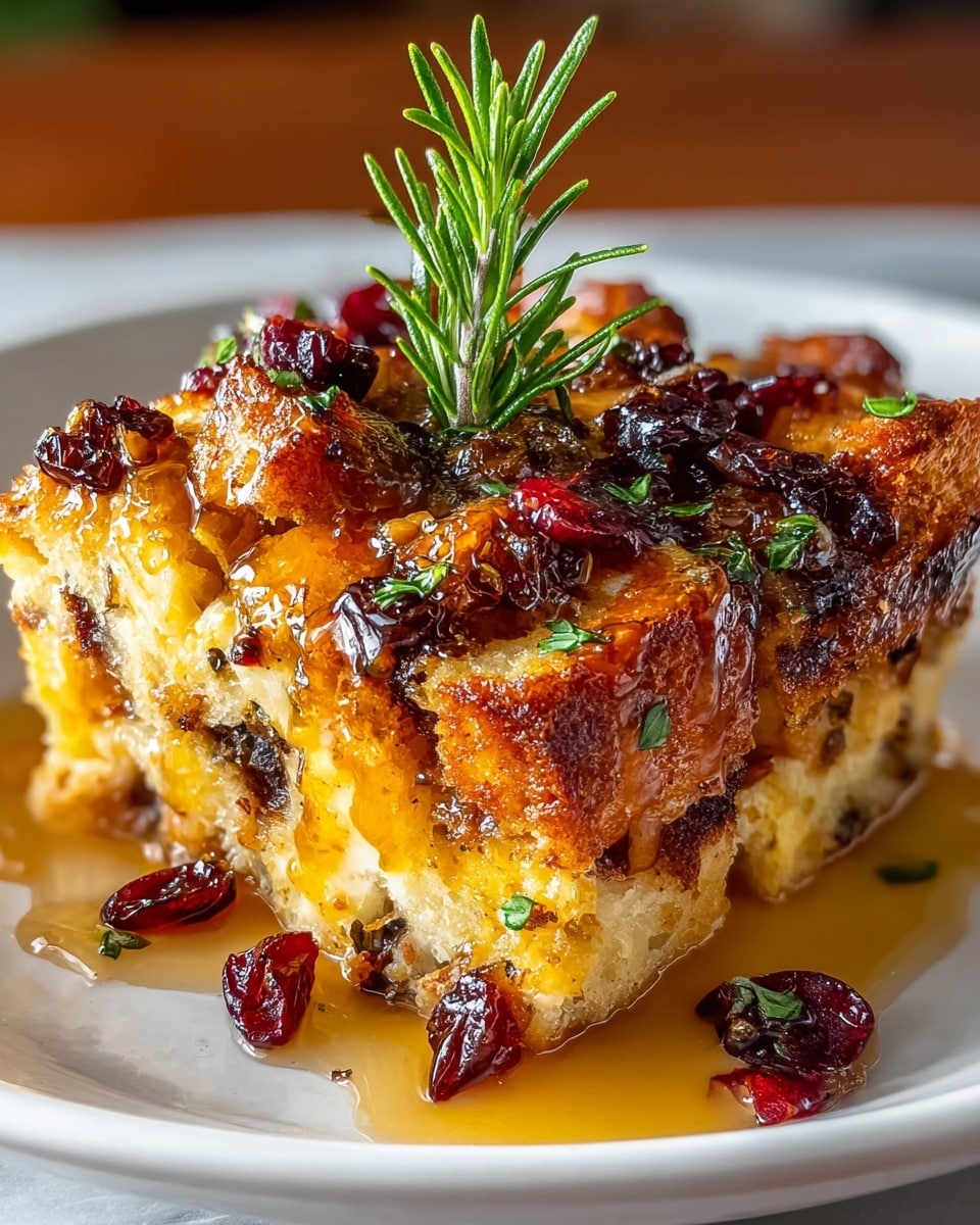 A close-up of a baked casserole slice placed on a white plate set on a white marbled texture, showing around four visible layers: a golden-brown crispy top layer with small green herb pieces, a glossy syrup coating dripping slightly, beneath that a soft yellow-orange layer mixed with baked bread cubes, then a creamy inner layer with specks of herbs and darker bits, topped with red dried cranberries scattered over and around the slice and garnished with a fresh green rosemary sprig standing upright in the center. Photo taken with an iphone --ar 4:5 --v 7