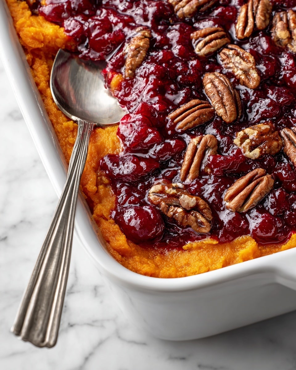 This image shows a baked sweet potato casserole in a white rectangular dish with a silver spoon on the left side inside the dish. The bottom layer consists of soft, golden-orange sweet potato chunks that fill the dish. On top, there is a layer of glossy, deep-red cranberry sauce spread unevenly over the sweet potatoes. The final layer is scattered with rough, dark brown pecan halves that add texture and contrast to the dish. The dish sits on a white marbled surface. photo taken with an iphone --ar 4:5 --v 7