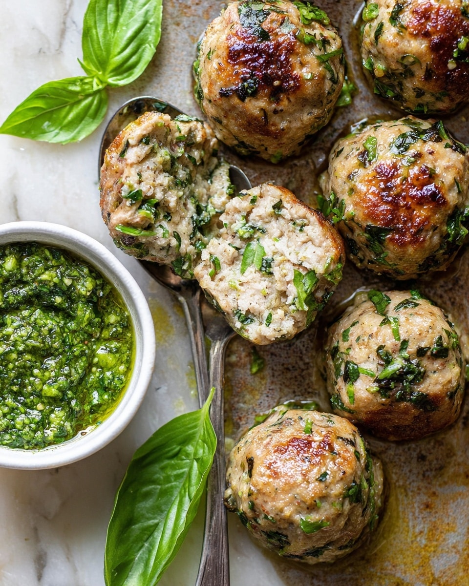 The image shows a close-up of several cooked meatballs with chopped green herbs mixed in, giving them a textured look with green and light brown colors; one meatball is cut in half revealing a dense, moist interior with green herb pieces. The meatballs sit on a baking sheet with some browned spots and shine from oil or glaze. A silver spoon holds one meatball, and fresh green basil leaves are scattered nearby, adding a fresh touch. On the left side, a white bowl is filled with a bright green pesto sauce with a chunky texture. The whole scene is set on a white marbled surface. photo taken with an iphone --ar 4:5 --v 7