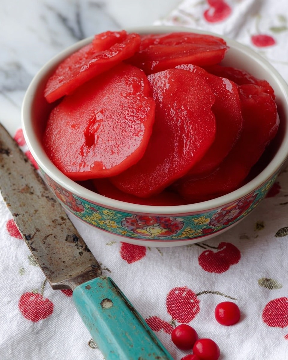The image shows a white bowl with a colorful fruit pattern on the inside edge, filled with several thick, bright red slices of cooked apple with a soft and slightly chunky texture, stacked and overlapping each other. The bowl rests on a white cloth with red cherry patterns and a white marbled surface underneath. Next to the bowl is a vintage knife with a worn turquoise wooden handle and a silver blade. Some small red round candy or decoration pieces are scattered on the cloth near the bowl. photo taken with an iphone --ar 4:5 --v 7