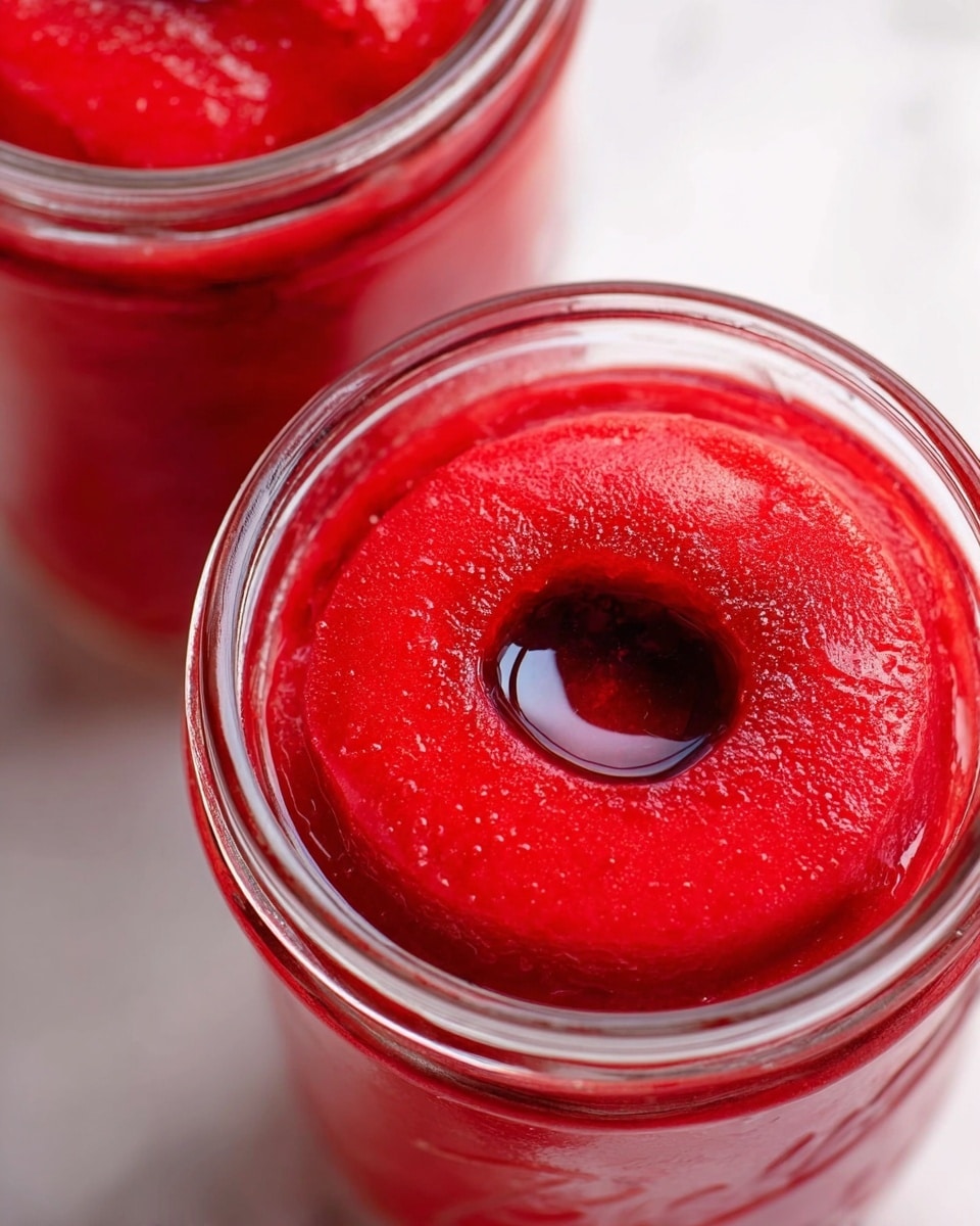 The image shows two glass jars filled with a smooth, bright red frozen dessert, with a shiny, slightly textured surface on top. Each jar has a small, dark red liquid circle pool in the center of the frozen layer, adding a contrasting detail. The jars are clear and show the vivid red filling inside. They are placed on a white marbled surface, and the photo is closely framed to highlight the texture and color of the dessert. photo taken with an iphone --ar 4:5 --v 7