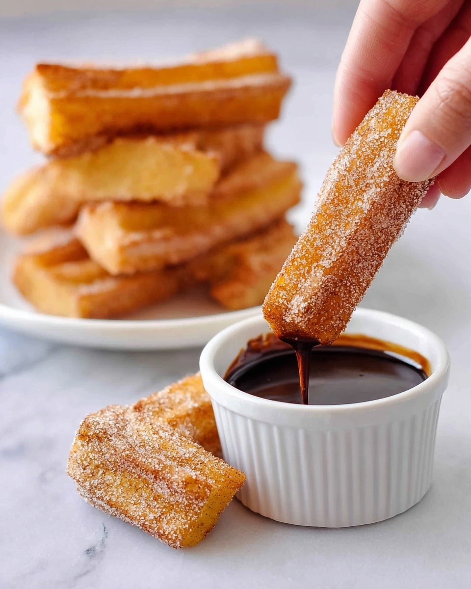 A woman's hand is dipping a golden brown churro stick covered in sugar into a small white ceramic ramekin filled with dark chocolate sauce. Several churro sticks with a crispy texture and sugar coating are stacked in a white plate blurry in the background. The whole scene is set on a white marbled surface. photo taken with an iphone --ar 4:5 --v 7