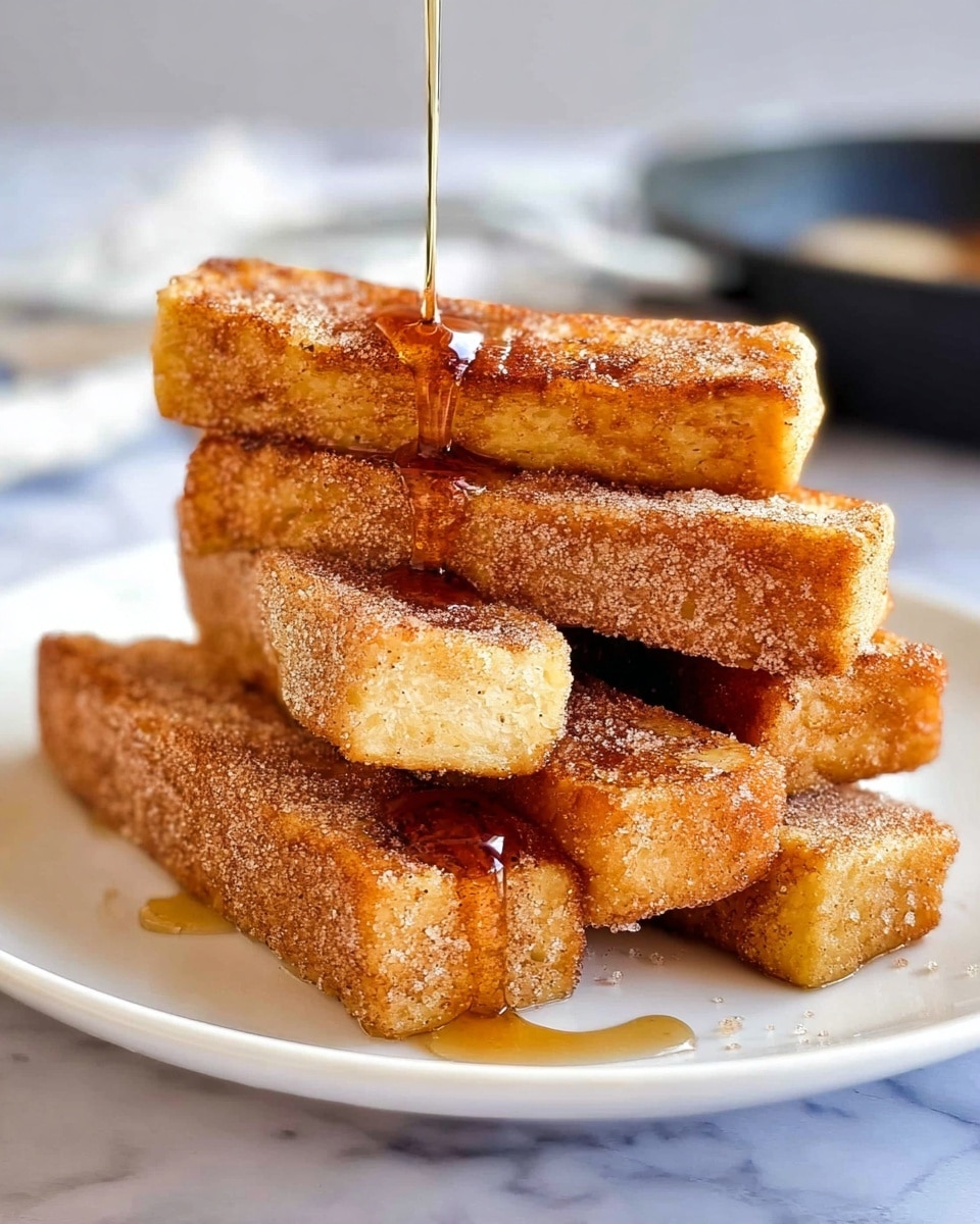 A stack of nine thick, golden-brown French toast sticks is arranged in three layers on a white plate. The bottom layer has four sticks laid flat, the middle layer has three sticks placed in a slightly crisscross manner, and the top layer shows two sticks also stacked in parallel. The toast sticks have a crispy, cinnamon-sugar coating that gives them a rough texture. A thin stream of amber syrup is being poured on the top layer, creating a shiny glaze and a small pool on the plate. The background has a soft focus showing a black pan on a white marbled surface. photo taken with an iphone --ar 4:5 --v 7