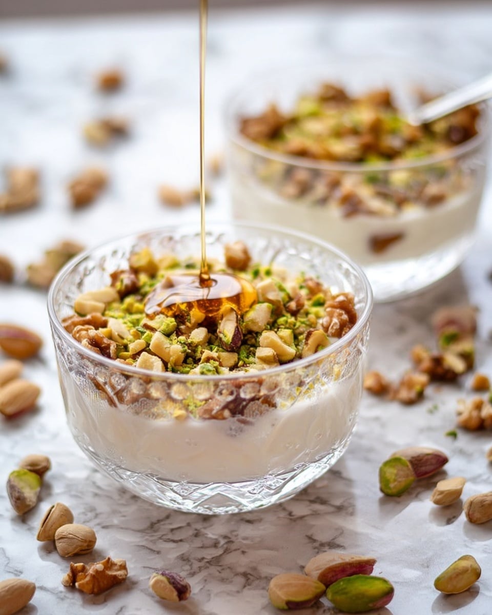 The image shows two clear glass bowls filled with a creamy white base layer. On top of this is a layer of chopped nuts including walnuts, pine nuts, and pistachios with a sprinkle of green herbs. A thin drizzle of honey is being poured over the top of the nuts in the foreground bowl. The bowls are placed on a white marbled surface scattered with extra nuts around them. The overall look is fresh and textured with nuts of light brown, cream, and green colors on smooth white cream. photo taken with an iphone --ar 4:5 --v 7