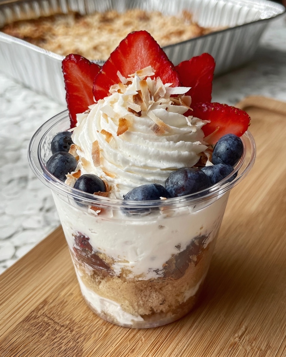 A clear cup holds a layered dessert with a base of light brown cake or brownie pieces, followed by a layer of white creamy filling with visible toasted coconut flakes mixed in. On top of this, there is a thick swirl of white whipped cream, decorated with fresh bright red strawberry slices and plump dark blue blueberries scattered around the cream. Toasted coconut flakes are sprinkled over the whipped cream. The dessert sits on a wooden surface with a white marbled texture in the background, and an aluminum foil tray of baked dessert can be seen blurred behind it. photo taken with an iphone --ar 4:5 --v 7