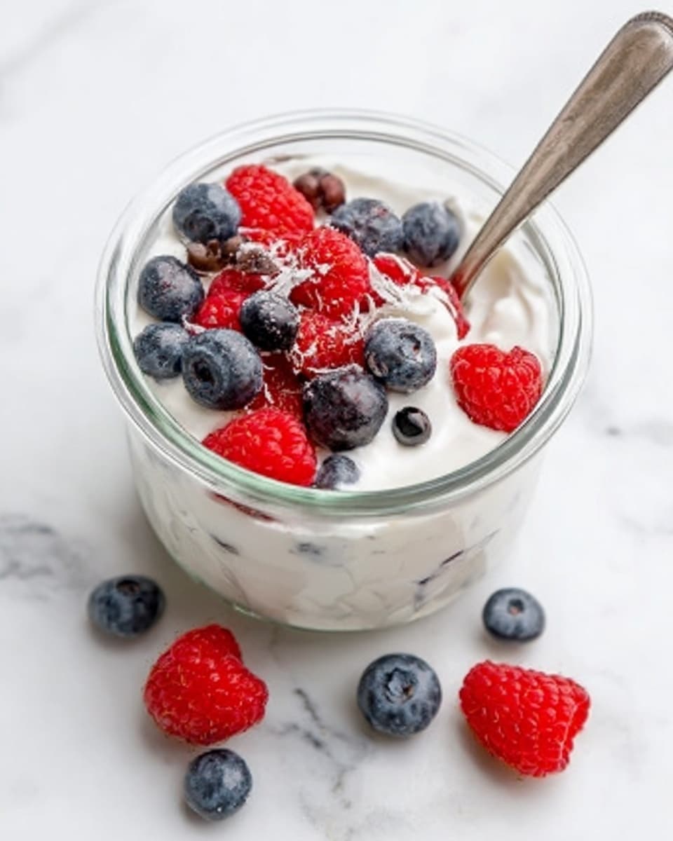The image shows a clear glass bowl filled with a layered dessert on a white marbled surface. The dessert inside has a creamy white yogurt or pudding base at the bottom. On top of this base, there is a mix of fresh berries, including red raspberries and dark blue blueberries, scattered evenly. A silver spoon is placed inside the bowl, pointing outward. A few extra raspberries and blueberries are scattered on the white marbled surface near the bowl. The lighting is bright, highlighting the fresh and colorful fruits against the smooth white cream. Photo taken with an iphone --ar 4:5 --v 7