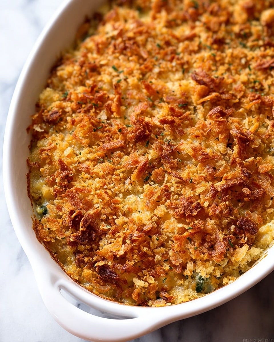 The image shows a white oval baking dish filled with a baked casserole that has a thick golden-brown crumb topping. The top layer is uneven with some crispy, toasted pieces that vary in shades from light golden to deeper brown, giving a crunchy texture look. Underneath the topping, hints of creamy, cheesy layers with green bits, likely herbs or vegetables, are visible in some parts close to the edges. The baking dish sits on a white marbled surface, and the focus is tight on the dish showing mostly the crunchy top layer and part of the white handle of the dish. photo taken with an iphone --ar 4:5 --v 7