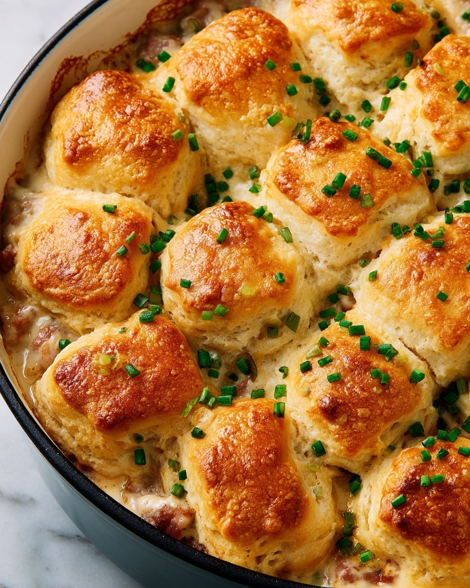 This close-up shows a baked dish with about three layers of golden-brown biscuit pieces arranged tightly side by side on the top. Each biscuit has a soft, flaky texture with clear layers and a light golden shine on top. Underneath the biscuits, creamy sauce with bits of cooked meat is barely visible. The dish is garnished with small, bright green chopped chives scattered evenly over the biscuits and sauce, adding color contrast. The background is a white marbled texture. photo taken with an iphone --ar 4:5 --v 7
