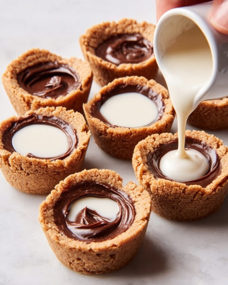 The image shows six round cookie cups with a golden brown, slightly rough texture, each having a thick chocolate layer inside forming a smooth dark center at the bottom. Five of the cookie cups are being filled with a creamy white liquid from above, which contrasts with the dark chocolate. The creamy liquid fills the inside of the cookie cups, reaching almost to the rim, blending smoothly with the chocolate layer underneath. The cookie cups are arranged closely together on a white marbled surface, and a woman's hand is pouring the creamy liquid with a small spout from a white pitcher. Photo taken with an iphone --ar 4:5 --v 7