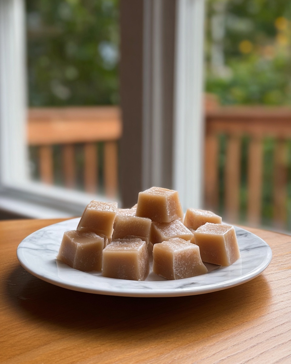 A white round plate holds about twenty small, light brown, translucent cubes arranged in a scattered pile. Each cube has a smooth, glossy surface with slight frosty edges and looks slightly wet, suggesting they are chilled or frozen. The plate sits on a wooden table with a white marbled texture softly visible. In the background, a large window shows a blurred green garden and wooden railing, softly lit by natural daylight. photo taken with an iphone --ar 4:5 --v 7