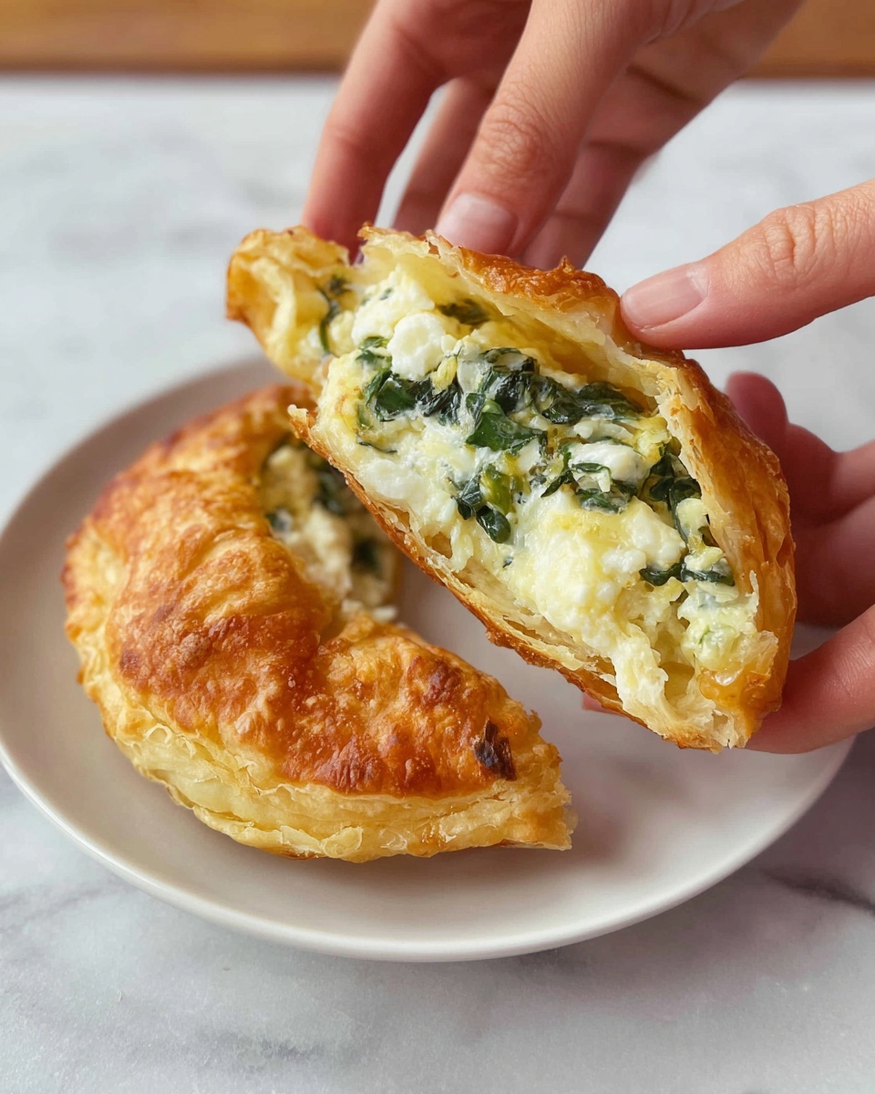 The image shows a close-up of a golden-brown, crescent-shaped pastry that is torn open to reveal a creamy filling inside. The filling has two main layers: the outer layer is crispy and flaky with a light brown color, while the inside is filled with a mixture of creamy white cheese and green leafy spinach bits mixed well together. The torn pastry is held by a woman's hands, showing the soft and moist texture of the filling contrasting with the crunchy exterior. The torn pastry sits on a white plate with a smooth surface, which is on a white marbled texture background. Photo taken with an iphone --ar 4:5 --v 7