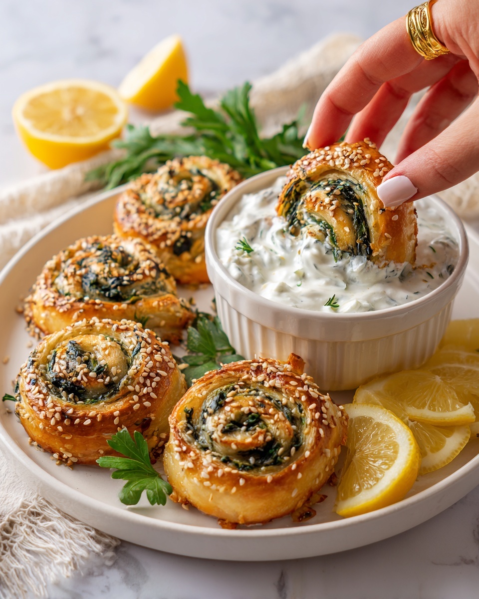 A white plate with four golden-brown spiral pastries covered in sesame seeds, each pastry showing green spinach and herb filling peeking through the flaky layers; a white bowl filled with creamy white dip with visible green herbs sits on the plate, garnished with a sprig of fresh green parsley behind it. Several bright orange lemon wedges are arranged near the bowl. A woman's hand wearing a gold bracelet is dipping one spiral pastry into the thick white herb dip. The background features a white marbled surface. photo taken with an iphone --ar 4:5 --v 7