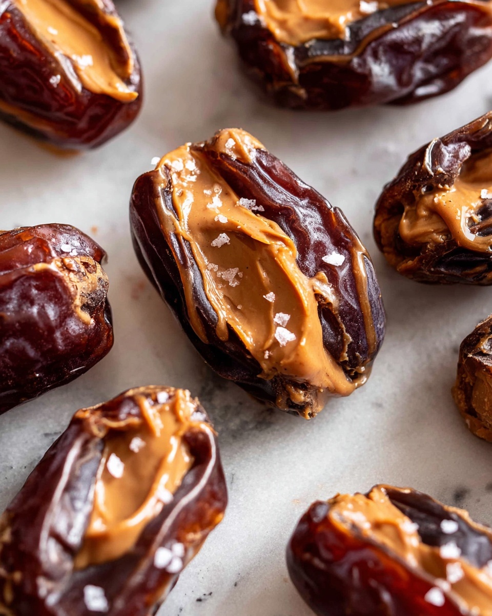 Several dark brown dates are halved and filled with smooth, light brown peanut butter inside the wrinkled date skins. Some drops and streaks of thick, dark chocolate sauce are drizzled over the peanut butter filling. The dates are spread out on a white marbled texture surface, showing the contrast between the shiny, textured date skin and creamy peanut butter inside. The close-up photo highlights the glossy look of the chocolate and the soft texture of the peanut butter. photo taken with an iphone --ar 4:5 --v 7