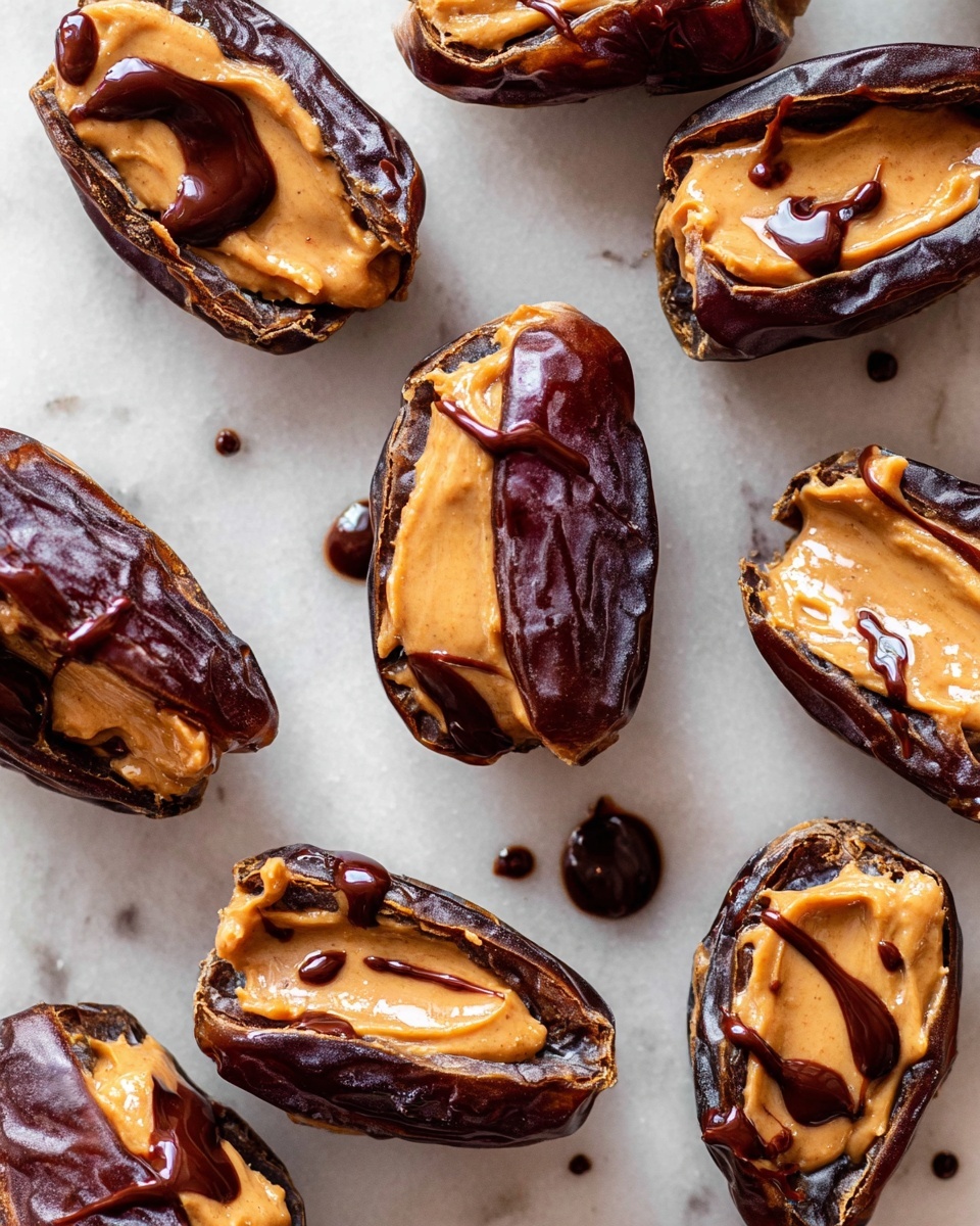 The image shows several dark brown, wrinkled dates that are split open and filled with smooth, creamy light brown peanut butter. The peanut butter fills the inside of each date, with some drizzled chocolate or syrup topping it and a sprinkle of coarse salt on top, adding texture and contrast. The dates are placed scattered on a white marbled surface, giving a clean and bright look while the fillings shine with a glossy texture. Photo taken with an iphone --ar 4:5 --v 7