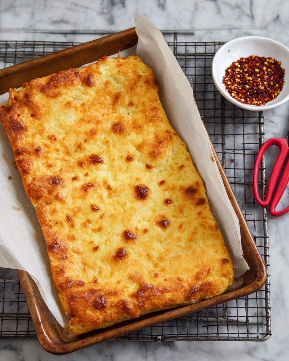 A rectangular piece of golden-brown baked dish with a slightly uneven surface, showing a crispy top layer with small browned spots. The dish is firm with a creamy texture underneath the browned crust, placed on white parchment paper inside a metal baking tray. The tray rests on a metal cooling rack over a white marbled surface. A small white bowl filled with red chili flakes and a pair of scissors with red handles are visible in the background. Photo taken with an iphone --ar 4:5 --v 7