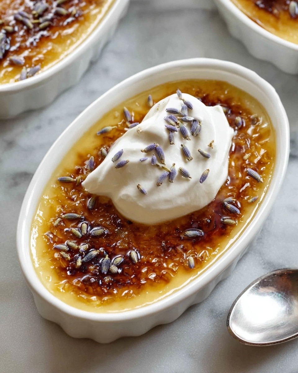 An oval white ceramic dish holds a dessert with three clear layers: the bottom is a smooth creamy pale yellow custard, topped with a shiny caramelized brown and golden sugar crust that has darker spots from torching, and the top layer consists of a dollop of white whipped cream with a smooth texture, sprinkled with small lavender flower petals in shades of light purple and gray. Another similar dish is partly visible in the top left corner on a white marbled texture surface, and a silver spoon rests on the right side. photo taken with an iphone --ar 4:5 --v 7
