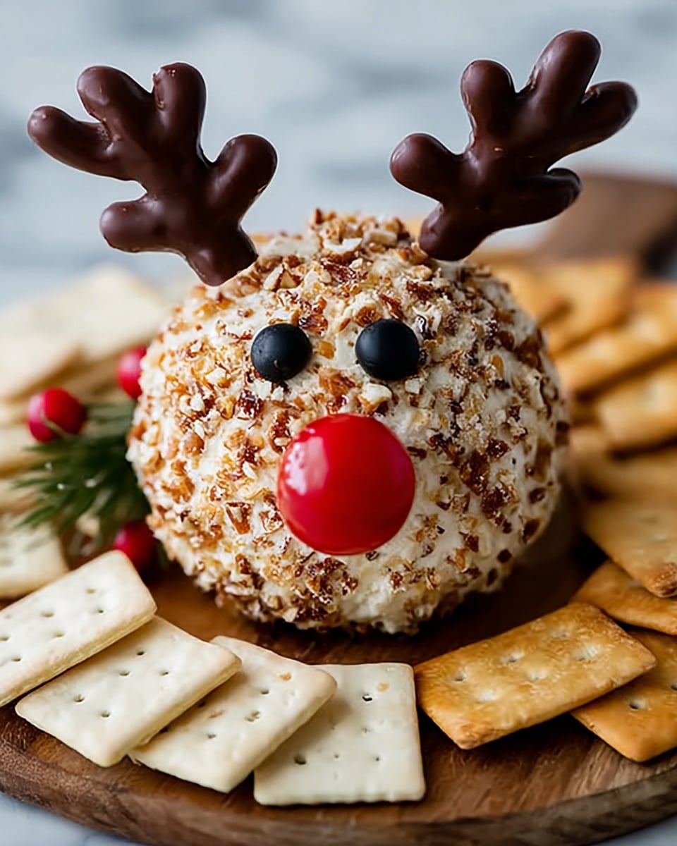 A round cheese ball covered in chopped nuts, with two dark brown chocolate antlers standing upright on top, two black olive halves for eyes, and a bright red cherry tomato as a nose. The cheese ball sits on a wooden board surrounded by square white crackers with a light golden brown finish and small holes. The background shows a soft white marbled texture. Photo taken with an iphone --ar 4:5 --v 7