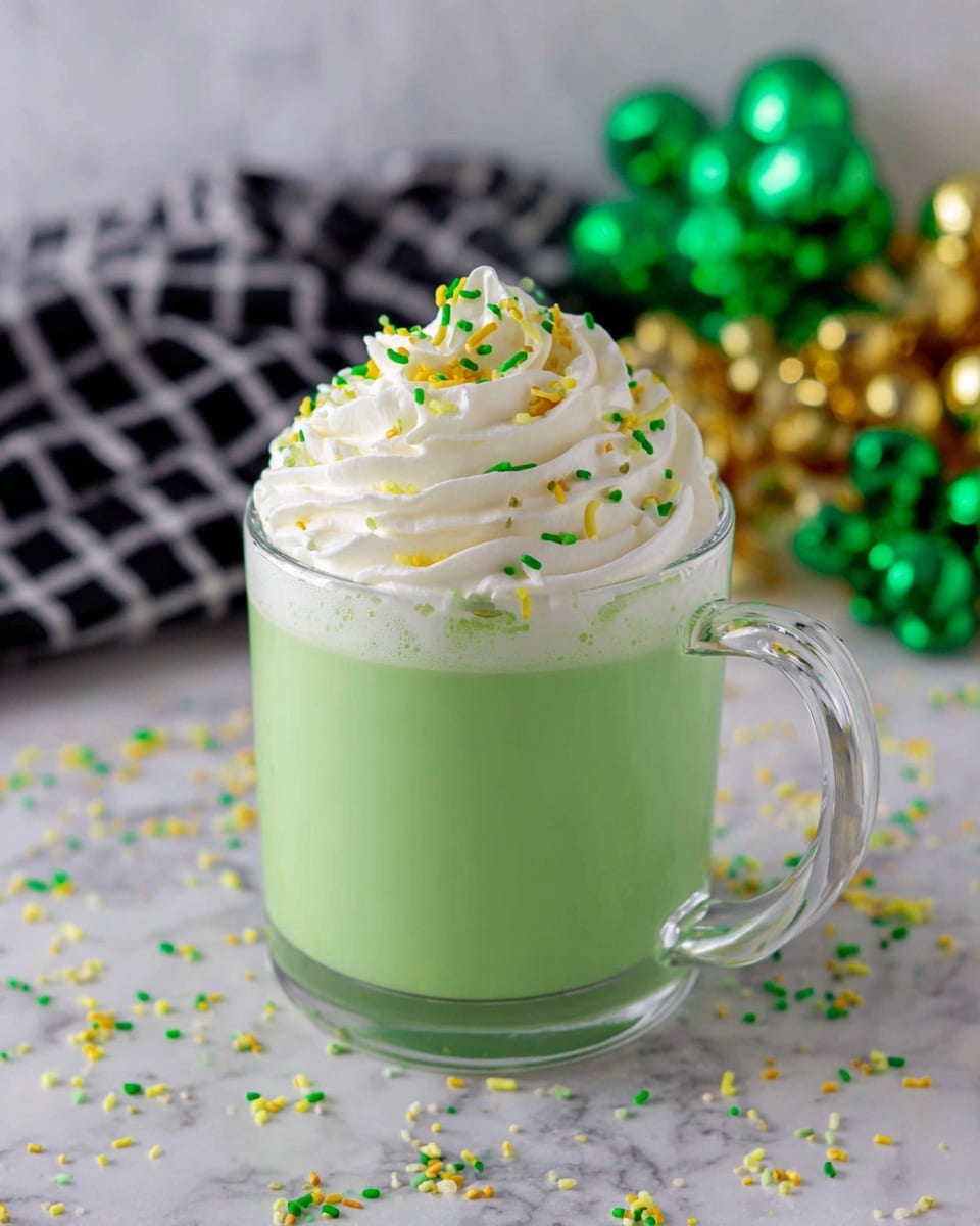 A clear glass mug filled with a smooth, bright green drink forms the base layer, topped with a thick swirl of white whipped cream. The whipped cream is decorated with small green, yellow, and gold sprinkles scattered on top. The mug sits on a white marbled surface with scattered sprinkles around it. In the background, a soft-focus black and white checkered cloth and green and gold shiny decorations add a festive feel to the scene. photo taken with an iphone --ar 4:5 --v 7