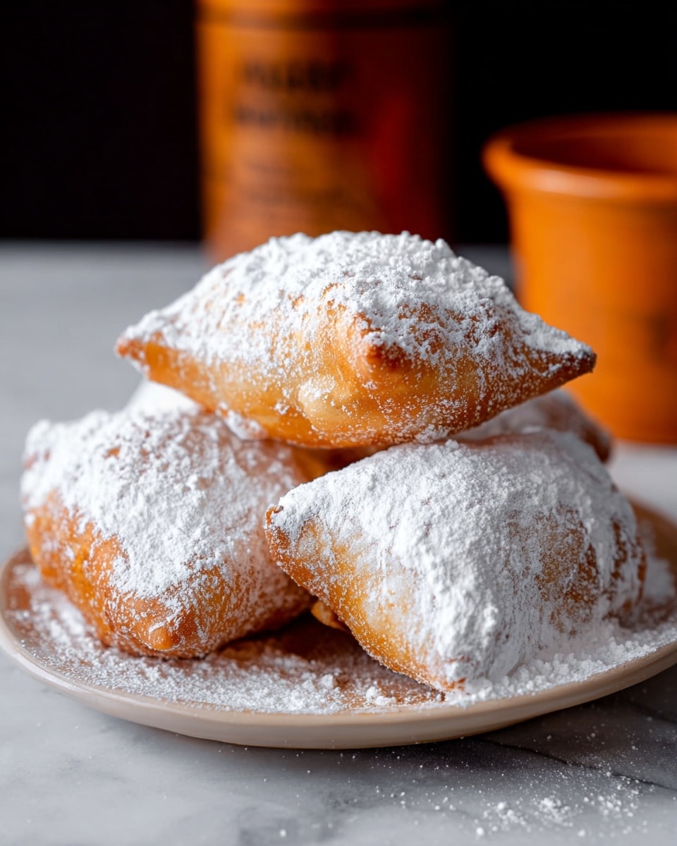 A white plate holds four pieces of golden brown fried dough covered in a thick layer of white powdered sugar. The dough pieces have an uneven, slightly puffy shape, with three mostly rectangular ones stacked closely and one more rounded piece leaning on them. Powdered sugar is scattered around the plate's surface, adding extra texture. The background is a white marbled texture with a blurred orange container visible in the distance. photo taken with an iphone --ar 4:5 --v 7