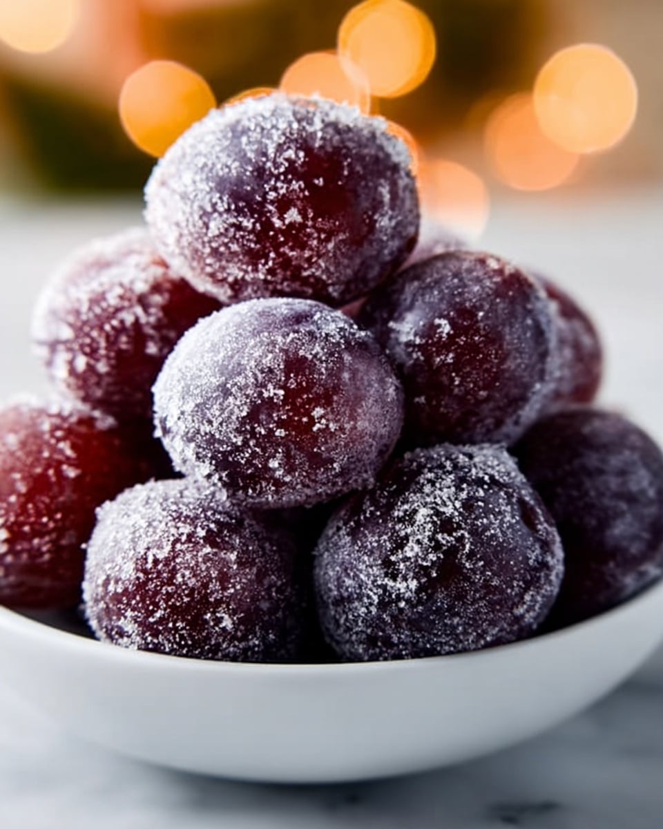 A close-up view of a small pile of dark red grapes covered in frost, stacked in a shallow white bowl. The grapes have a crunchy texture from the frost, which sparkles softly in warm light, creating a contrast with the deep berry color of the fruit. The background shows soft, round light spots that give a cozy feeling, and the scene is set on a white marbled surface. The grapes are centered in the bowl, with some grapes slightly overlapping each other, showing depth and freshness. photo taken with an iphone --ar 4:5 --v 7