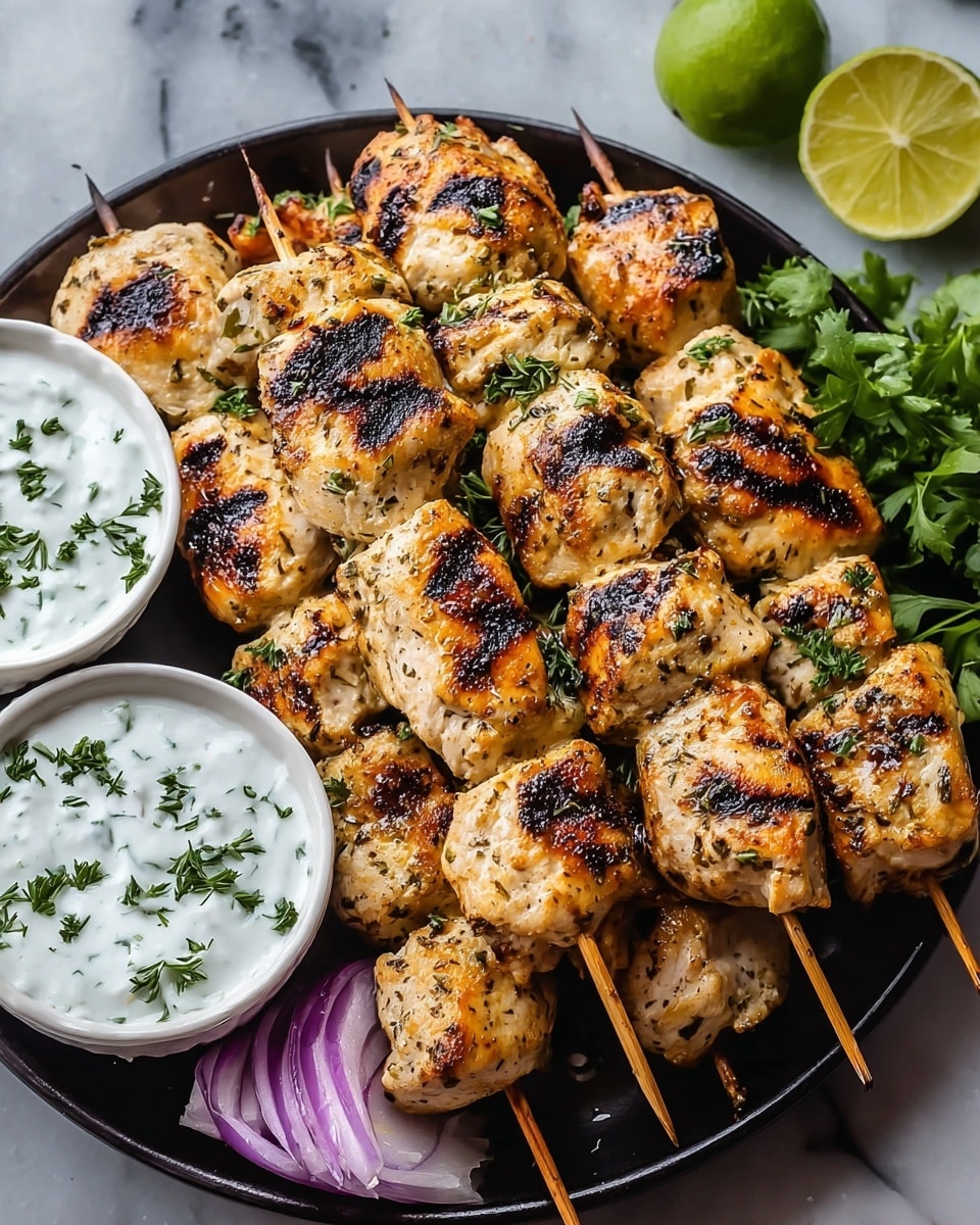 This image shows several grilled chicken skewers stacked on a black plate placed on a white marbled surface. The chicken pieces are golden brown with dark grill marks and sprinkled with herbs, giving a slightly charred texture. To the left of the plate are three small white bowls filled with creamy white sauce topped with fresh green herbs. At the top right of the image, a vibrant green lime half and some leafy greens add color contrast. At the bottom right edge, there are slices of raw purple onion adding a fresh layer. The overall composition highlights the juicy and well-cooked chicken with fresh and creamy sides. photo taken with an iphone --ar 4:5 --v 7