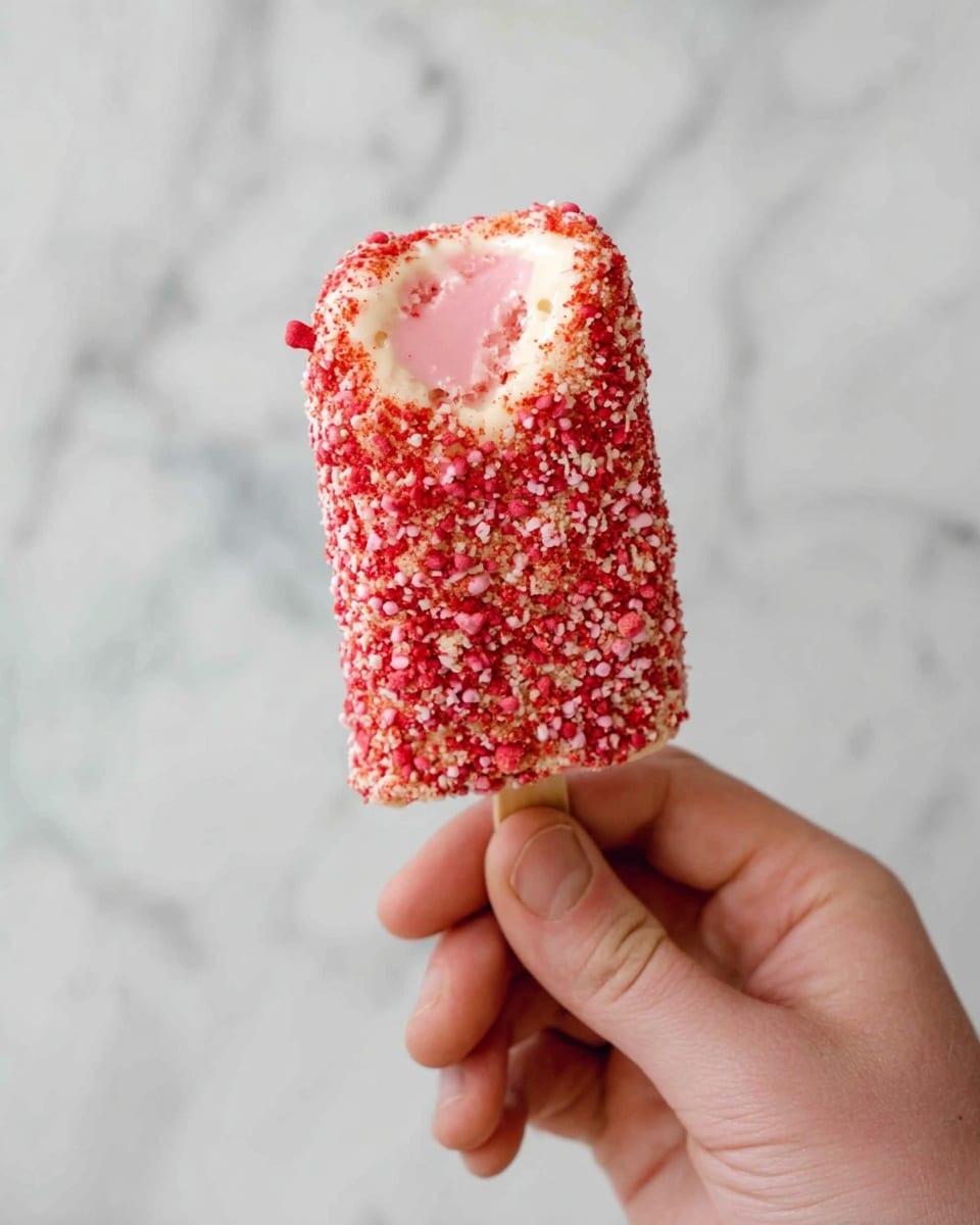 A close-up of a woman's hand holding an ice cream bar with three visible layers: the outer layer is covered in small, bright red and pink crushed bits, giving it a rough texture; underneath is a smooth creamy white layer; the inner core is a glossy pink ice cream or frozen center. The background is a white marbled texture. Photo taken with an iphone --ar 4:5 --v 7