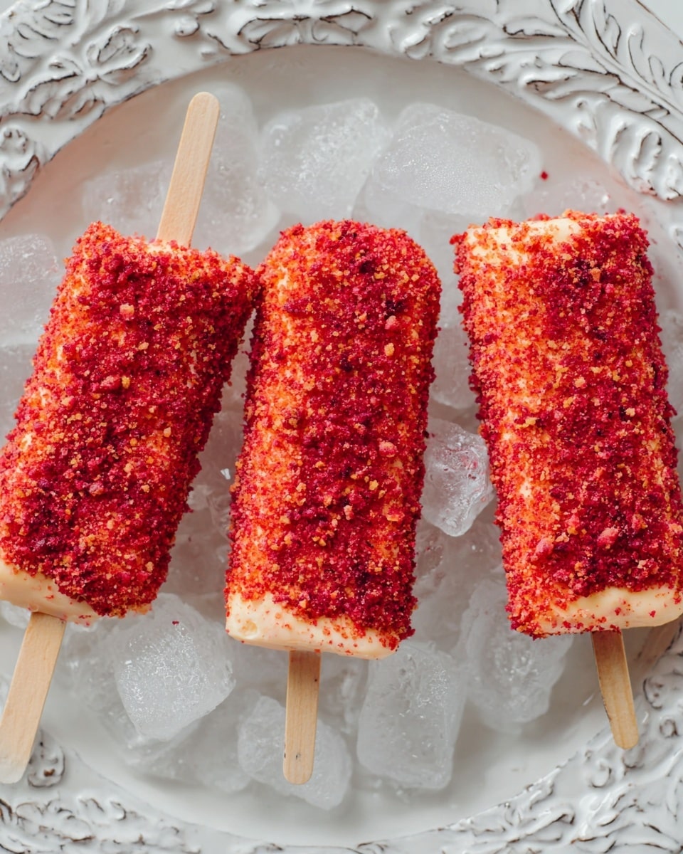 Three ice cream bars are placed on a bed of ice inside a white plate with an ornate carved edge. Each bar has a pale orange creamy base layer covered fully in a bright red crumbly coating made of small and medium-sized pieces. The ice cubes beneath are clear and glossy, adding a cool and fresh contrast to the warm colors of the ice cream bars. A wooden stick is inserted into the bottom of each bar, showing a natural light wood tone. The photo is taken close up, focusing on texture and color contrast. photo taken with an iphone --ar 4:5 --v 7