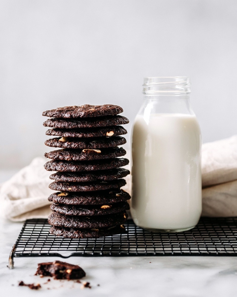 A tall stack of dark brown, thin chocolate cookies with small nut pieces sits on a black cooling rack on a white marbled surface. The cookies are slightly uneven in shape and look crunchy. To the right of the stack is a clear glass bottle filled halfway with creamy white milk. Some cookie crumbs are scattered on the white marbled surface in front of both items. A light-colored cloth is partially visible behind the bottle, all set against a plain white background. photo taken with an iphone --ar 4:5 --v 7