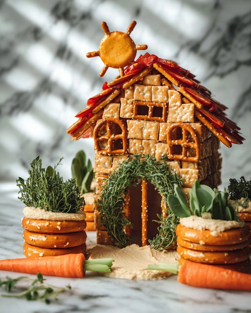 The image shows a creative snack house made with five layers of square pretzels stacked for the walls, topped with round pretzels as flower pots in front, each holding fresh green herbs. The base layer inside the house is a smooth, creamy beige spread, likely hummus. Two thin vertical pretzel sticks form the door frame, with half-moon slices of bright orange carrot acting as a sun and window shades. Small square mini pretzels build the windows on the house, while thin red strips, probably bell pepper, form the roof's triangular section. A circle of green herbs decorates the hummus wall as a wreath. All of this is set against a white marbled background. photo taken with an iphone --ar 4:5 --v 7