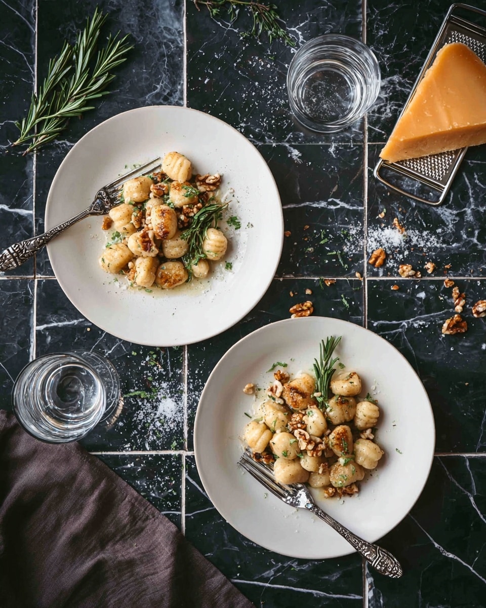 Two white round plates each hold a serving of small, golden-brown gnocchi pieces arranged loosely in the center with bits of toasted nuts and green herbs scattered on top. Each plate is garnished with a sprig of fresh rosemary along one side. Both plates have a fork resting on their edges with shiny, detailed handles. Nearby, a small metal grater with a block of orange cheese sits on a dark tiled surface with scattered salt flakes and rosemary leaves. Two clear glasses of water are positioned near the plates, all placed on a white marbled texture. photo taken with an iphone --ar 4:5 --v 7