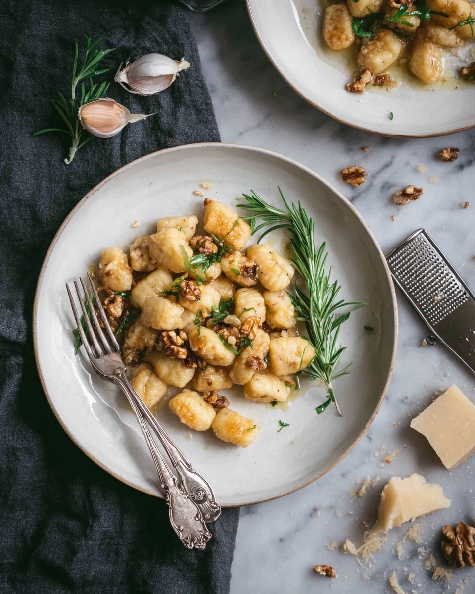 A close-up view of two white plates filled with small, golden brown gnocchi pieces mixed with chopped toasted walnuts and fresh green herbs, placed on a white marbled surface. The front plate holds about a dozen gnocchi pieces arranged loosely with a green rosemary sprig laid along one side, and a silver fork with an ornate handle resting on the left edge. The gnocchi have a slightly crispy texture and a light sauce that glistens softly. Around the plates, there is a garlic clove, a piece of cheese, a grater, and scattered crumbs, all contributing to a rustic, home-cooked feel. Photo taken with an iphone --ar 4:5 --v 7