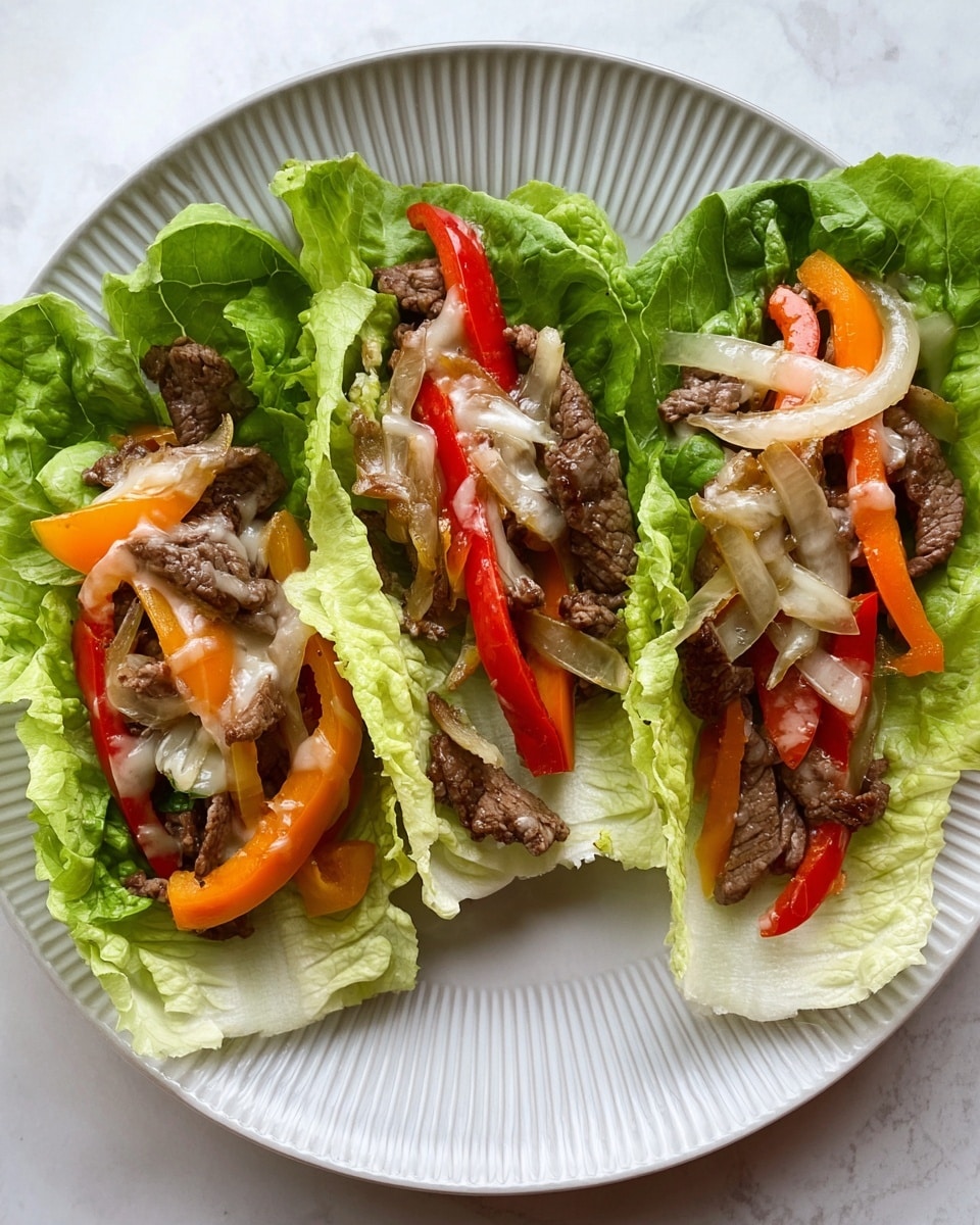 Three lettuce wraps are placed side by side on a white plate with ridged edges, which sits on a white marbled surface. Each wrap features fresh green lettuce leaves as the outer layer, holding stir-fried strips of cooked beef that are brown with a slightly glossy texture. Bright orange and red bell pepper slices, along with translucent cooked onion rings, are layered on top of the beef. A light drizzle of melted white cheese is scattered unevenly over the meat and vegetables, adding a creamy texture. Photo taken with an iphone --ar 4:5 --v 7