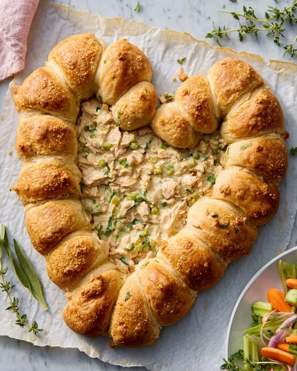 The image shows a heart-shaped crescent roll ring filled with a creamy chicken and vegetable mixture. The outer ring consists of golden-brown, puffed crescent roll segments baked to a light, crispy texture. Inside, the filling has a pale beige color with small chunks of chicken and visible bits of green herbs and finely chopped vegetables, giving it a slightly chunky, smooth appearance. The ring is placed on a parchment paper covering a surface with a white marbled texture. A few sprigs of green herbs lie on top near the bottom right side of the heart. Nearby, there is a white plate with colorful salad on the right side of the image. Photo taken with an iphone --ar 4:5 --v 7