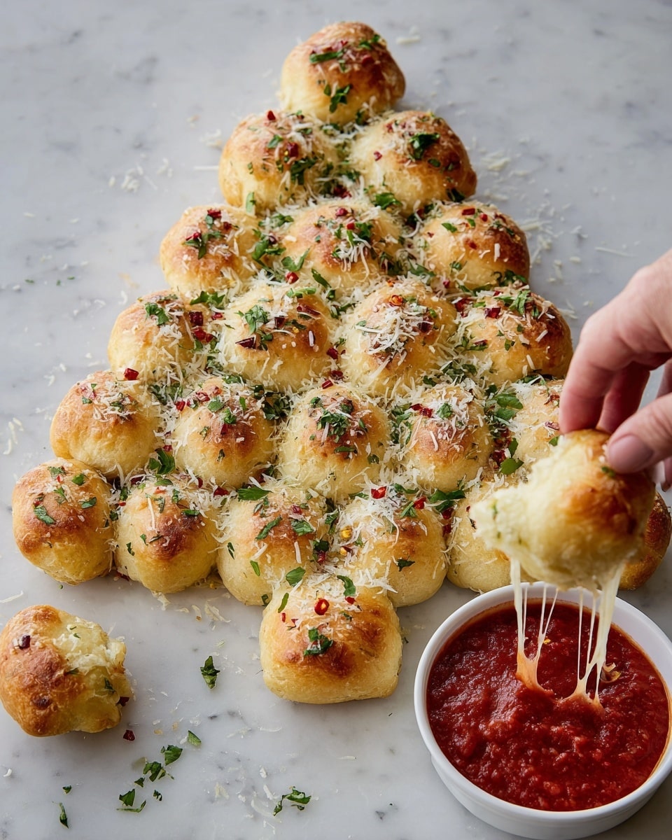 A Christmas tree-shaped pull-apart bread made of small, golden-brown, round dough balls arranged in multiple rows forming a triangle. Each ball shows a soft, slightly shiny texture and is topped with grated white cheese and green chopped herbs scattered evenly, along with red chili flakes for extra color. On the right side, a small white bowl filled with thick, rich red tomato sauce sits with some sauce dripping over the side. One dough ball is pulled away near the bowl, showing melted white cheese stretching out, held by a woman's hand. The whole setup is on a white marbled surface. photo taken with an iphone --ar 4:5 --v 7