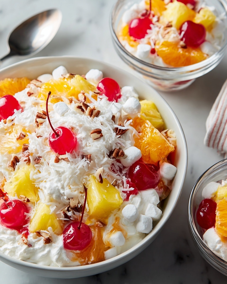 A close-up view of a white bowl filled with a colorful layered fruit salad on a white marbled surface. The base layer is creamy white, fluffy whipped topping, mixed with small white marshmallows. On top, bright yellow pineapple chunks and orange mandarin slices are scattered evenly. Mixed in are shiny red maraschino cherries with stems showing. The salad is sprinkled with small brown pecan pieces and white shredded coconut spread over all layers, adding texture. Nearby, separate clear bowls show smaller servings of the same fruit salad mix. Photo taken with an iphone --ar 4:5 --v 7