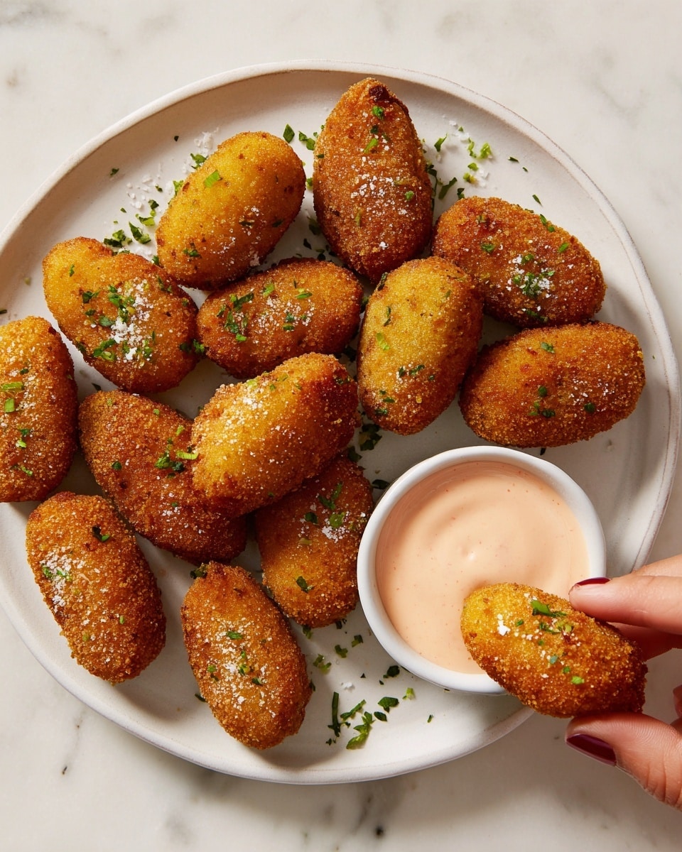 A white plate filled with about fifteen oval-shaped, golden-brown croquettes that have a crispy, breaded texture sprinkled with small bits of coarse salt and finely chopped green herbs. On the right side of the plate, there is a small white bowl filled with a smooth, light pink sauce. A woman's hand is dipping one croquette into the sauce. The plate rests on a white marbled surface. photo taken with an iphone --ar 4:5 --v 7