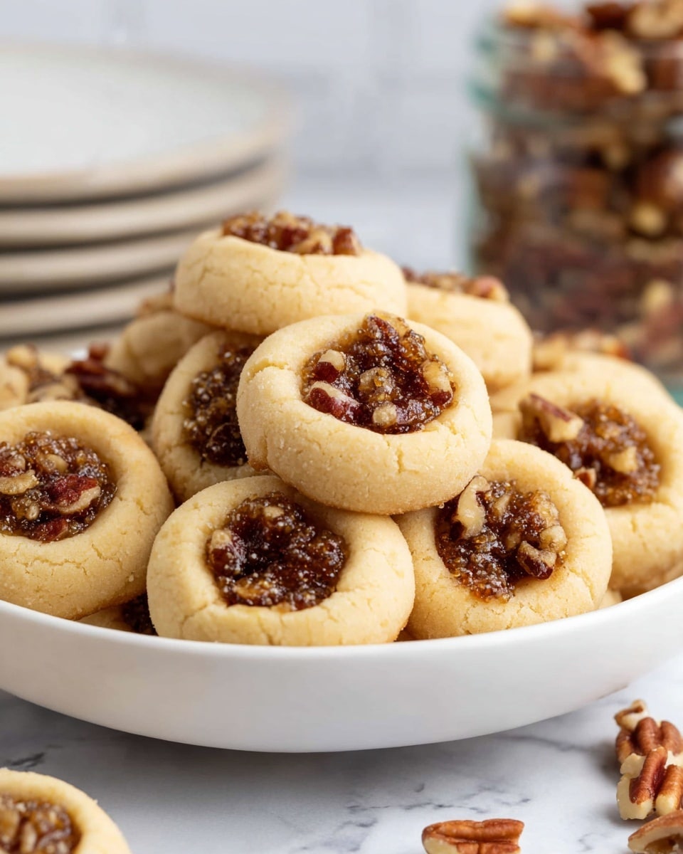 A white bowl filled with two layers of round thumbprint cookies, each cookie has a thick, light golden-brown dough forming a ring around a center filled with sticky, glossy brown pecan filling with visible chopped pecans, the edges of the dough are slightly cracked and soft-looking, the bowl sits on a white marbled surface with some scattered pecan pieces nearby, blurred white plates and a jar of pecans are in the background. photo taken with an iphone --ar 4:5 --v 7