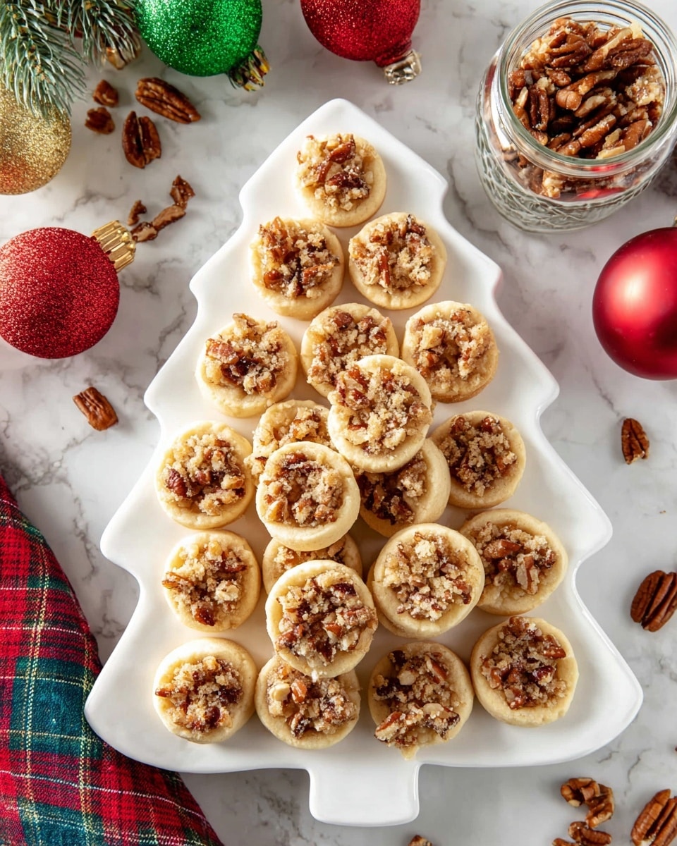 A white tree-shaped plate is filled with two layers of small round cookies, each with a pale golden base and a crumbly topping of chopped pecans mixed with a brown sugary filling, giving a rough texture and a mix of light and dark brown colors. The cookies have uneven edges and a slightly cracked surface, and a few are stacked slightly on top of each other. Around the plate on a white marbled surface, there is a small glass jar filled with pecans, some loose pecans scattered nearby, and several Christmas ornaments in red, gold, and green. A red, green, and white plaid cloth is partially visible at the bottom left corner. Photo taken with an iphone --ar 4:5 --v 7