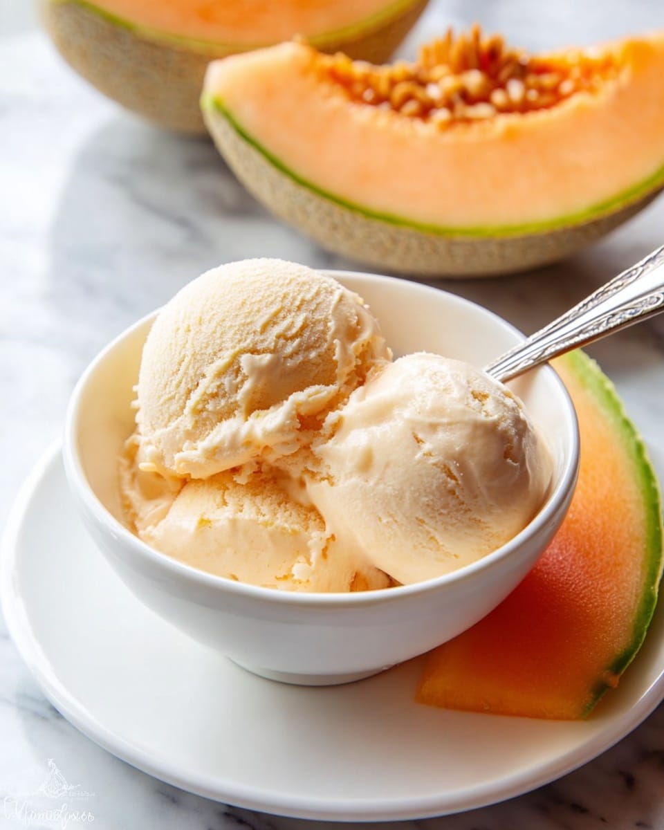 The image shows a small white bowl filled with two scoops of creamy cantaloupe ice cream, which has a pale orange color and smooth texture with slight melting at the edges. The bowl is placed on a white plate with a slice of bright orange cantaloupe beside it. In the background, half of a cantaloupe is visible, showing its orange flesh and seeds. The setting is on a white marbled surface, giving a clean and fresh look. A metal spoon is partly inserted into the ice cream from the right side. Photo taken with an iphone --ar 4:5 --v 7
