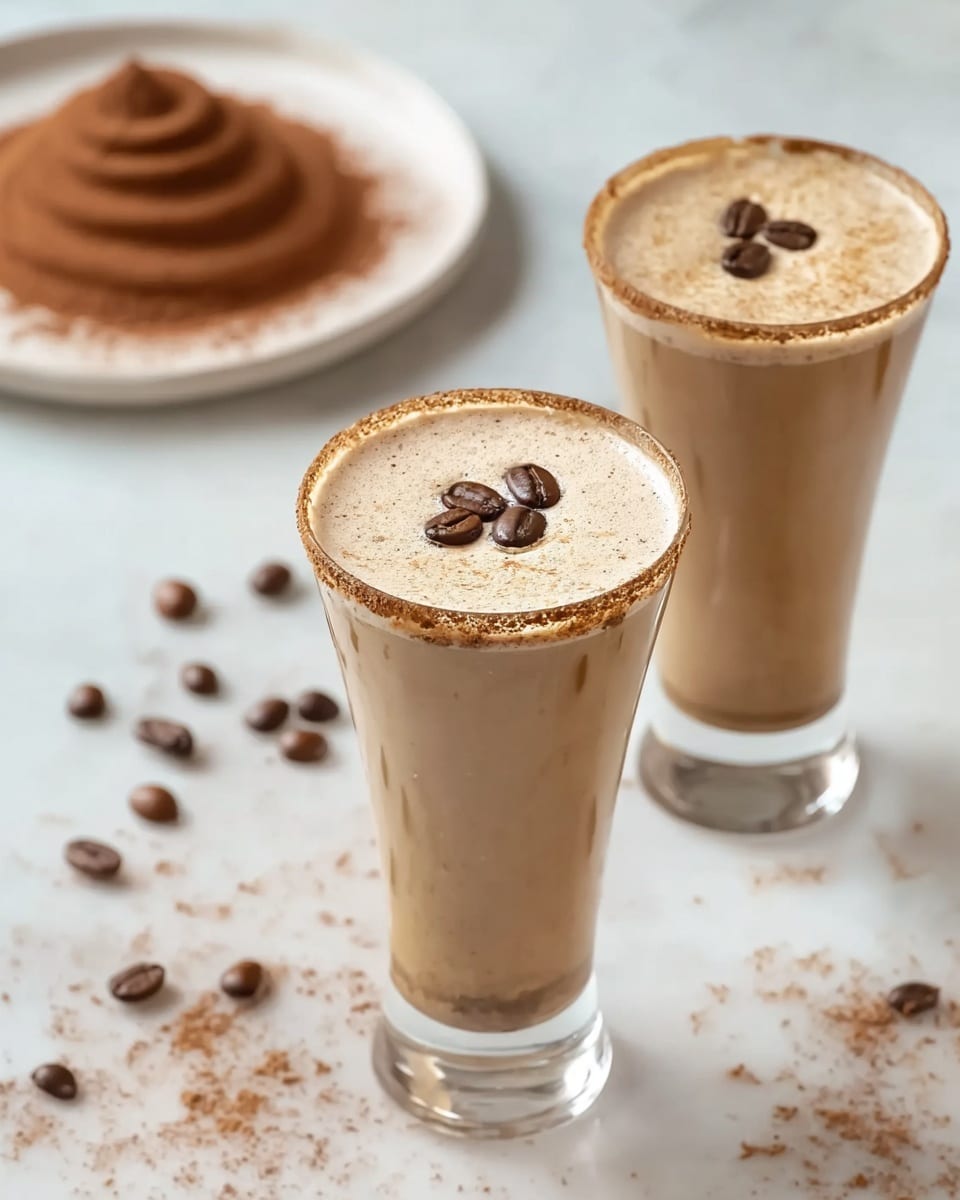 The image shows two tall clear glasses filled with a creamy light brown drink that has a layer of frothy foam on top. Each glass is rimmed with a dusting of light brown powder. On the foam surface of each drink are three whole coffee beans arranged in a small cluster. In the background, there is a white plate with a spiraled mound of cocoa powder and some scattered coffee beans on the white marbled surface around the glasses. The overall look is smooth and rich with soft textures and warm brown tones. photo taken with an iphone --ar 4:5 --v 7