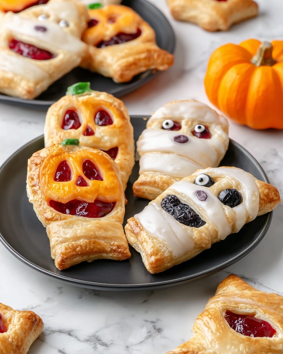 The image shows a black plate on top of a white plate, both resting on a white marbled surface, filled with Halloween-themed pastries. There are two-layer pastries with a golden-brown crust; one is shaped like a pumpkin with orange filling visible through cut-out eyes and mouth, and others are ghost-shaped with a shiny white glaze and dark berry filling seen through cut-out mouth or eye holes. Some pastries look like mummies with pale crust strips wrapped around red filling and two small candy eyes peeking out. More similar pastries are scattered on the white marbled surface around the plates. The scene includes a small orange pumpkin in the background. Photo taken with an iphone --ar 4:5 --v 7