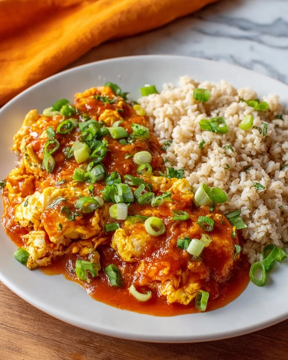 A white plate holds two main parts: on the left side, soft, scrambled eggs covered in a thick, bright red tomato-based sauce with specks of herbs, topped with fresh, chopped green onions adding a pop of green; on the right side, fluffy cooked brown rice with a slightly sticky texture piled neatly, sitting beside the saucy eggs. The plate is placed on a white marbled surface with a blurred orange cloth in the background, creating a warm and inviting look. photo taken with an iphone --ar 4:5 --v 7
