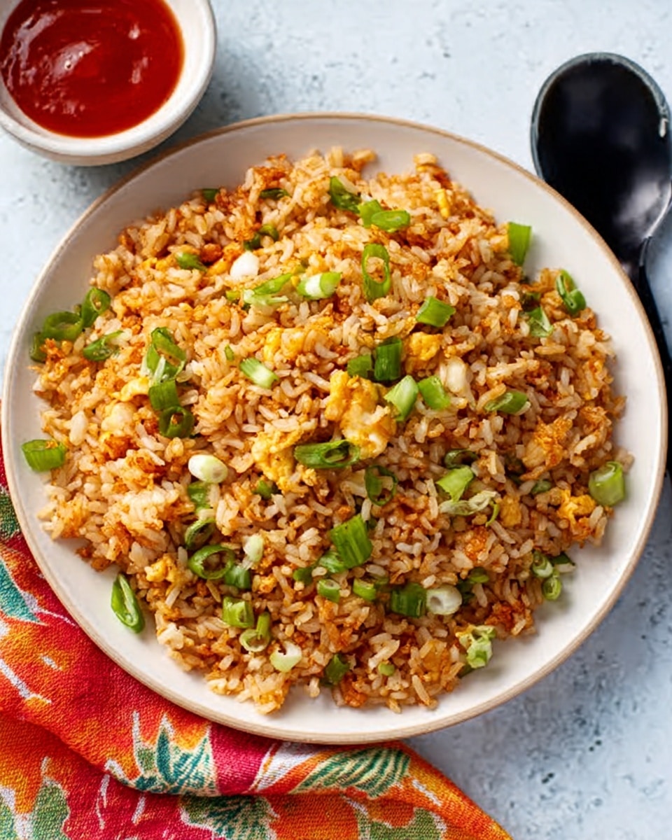 A white plate is filled with fried rice that has a mix of light brown and golden colors, showing a slightly crispy texture. There are small pieces of green onion sprinkled evenly on top, adding bright green spots. The background is a white marbled surface, and near the plate, there is a small white bowl filled with a red sauce. On the right side, there is a black spoon placed next to the plate, and a colorful cloth napkin with red, orange, and green patterns is partially visible on the bottom left. The food looks fresh and well-cooked, with each grain of rice clearly visible. Photo taken with an iphone --ar 4:5 --v 7