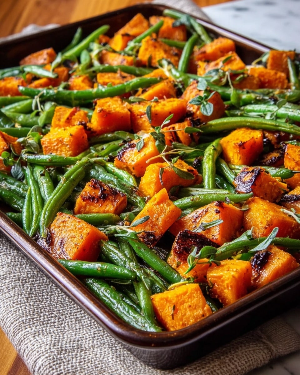 A close-up view of a baking tray filled with roasted vegetables including bright orange sweet potato cubes and green beans. The sweet potato pieces have a slightly crispy, browned outer layer with char marks, and the green beans are vibrant green and tender, scattered evenly across the tray. Fresh small green herb leaves are sprinkled on top, adding a touch of color contrast. The tray sits on a textured beige cloth over a white marbled surface. Photo taken with an iphone --ar 4:5 --v 7