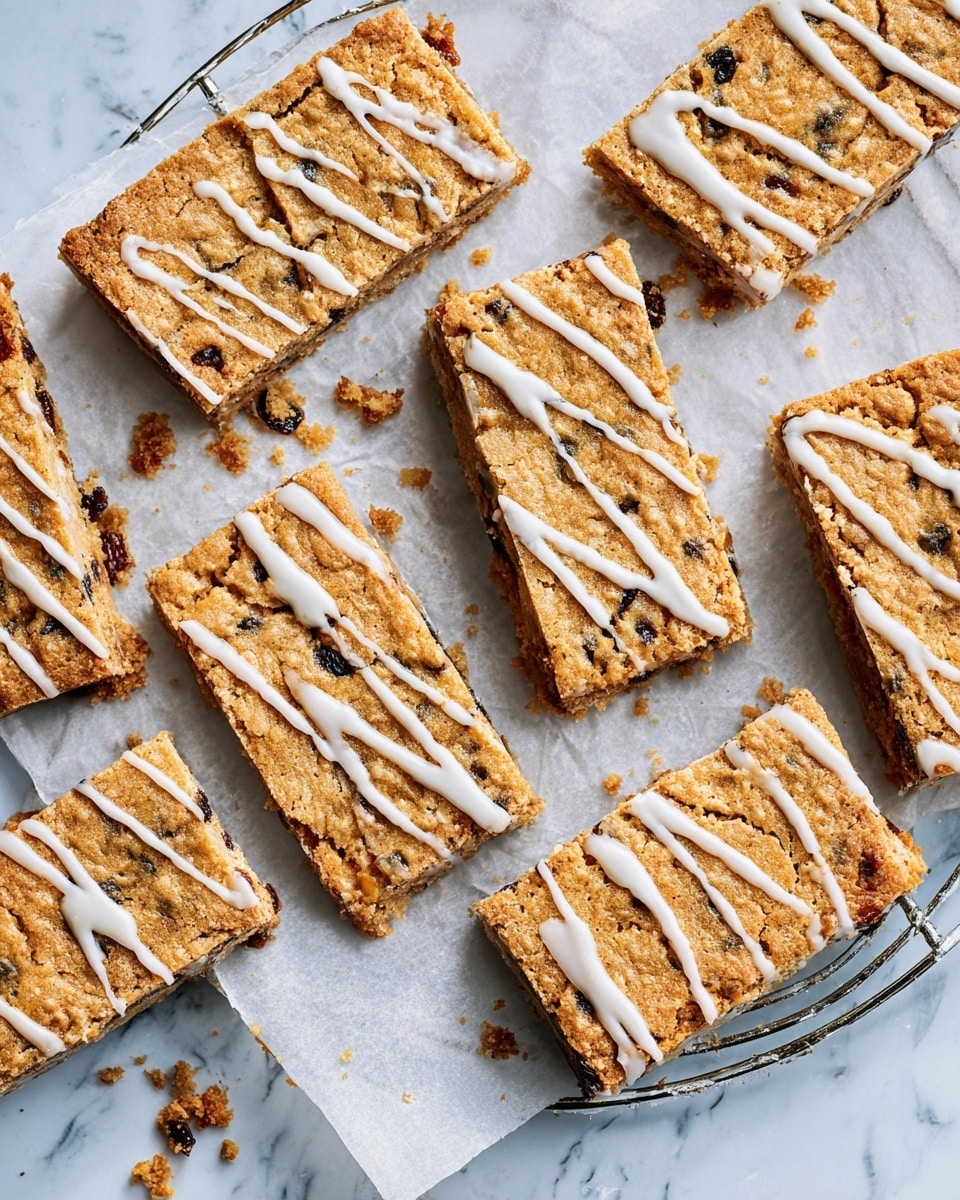 Several rectangular golden-brown bars are arranged on white parchment paper over a metal cooling rack, all placed on a white marbled surface. Each bar has a slightly rough texture with visible pieces of dark raisins or similar dried fruit inside. On top of each bar, there is a thin, uneven drizzle of white icing that runs diagonally across, adding a creamy contrast to the baked texture beneath. The bars are cut cleanly with sharp edges, and some crumbs are scattered lightly around them. Photo taken with an iphone --ar 4:5 --v 7