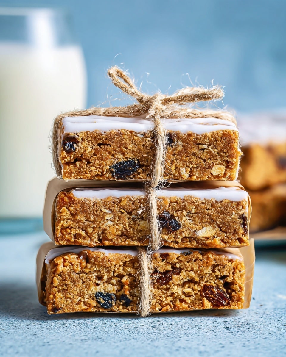 Three stacked rectangular oat bars are shown, each wrapped in brown parchment paper held by a rough, light brown string tied around the middle. The bars have a golden-brown crumbly texture with visible dark raisins and small white oats inside. A thin layer of white icing is lightly spread on the top of each bar. The stack is placed on a light blue surface, with a blurred glass of milk in the background and a soft blue sky above. photo taken with an iphone --ar 4:5 --v 7