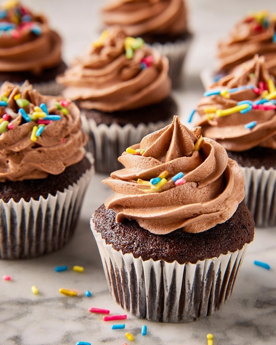 The image shows several chocolate cupcakes with two layers each: a dark brown, moist chocolate base in white paper liners, and a thick swirl of smooth, light brown chocolate frosting on top. The frosting is piped in soft, curved waves creating a fluffy texture. Some of the cupcakes have colorful round and long sprinkles in red, yellow, blue, green, and pink scattered on the frosting and around them. The cupcakes are placed on a white marbled surface with soft lighting that highlights the rich chocolate color and the vibrant sprinkles. photo taken with an iphone --ar 4:5 --v 7