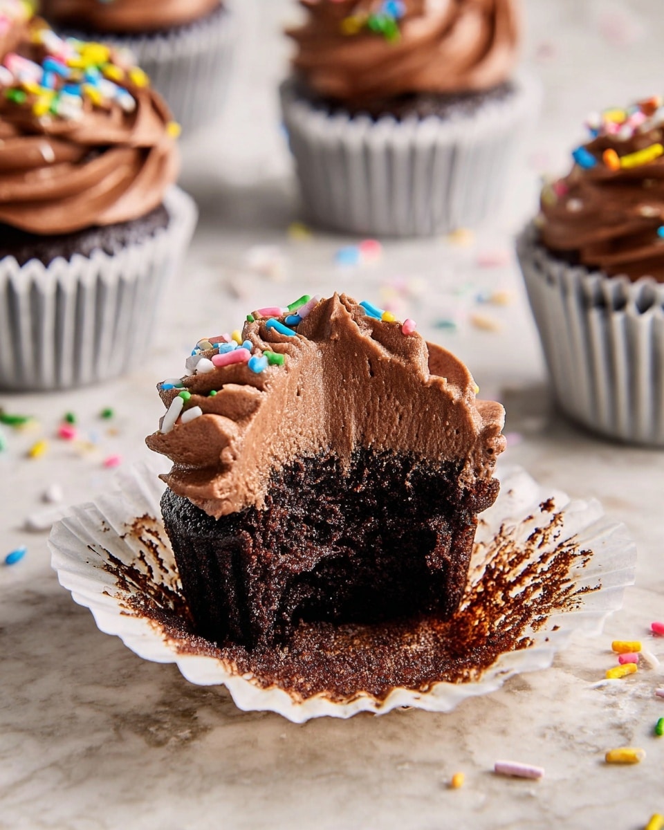 A close-up view of a chocolate cupcake with a bite taken out of it, showing a moist and dark chocolate cake base. On top, there is a thick swirl of smooth chocolate frosting decorated with colorful sprinkles. The cupcake liner is white and partially peeled down to reveal the texture of the cake. Behind, there are other cupcakes with similar chocolate frosting in white liners placed on a white marbled surface scattered with some sprinkles. Photo taken with an iphone --ar 4:5 --v 7