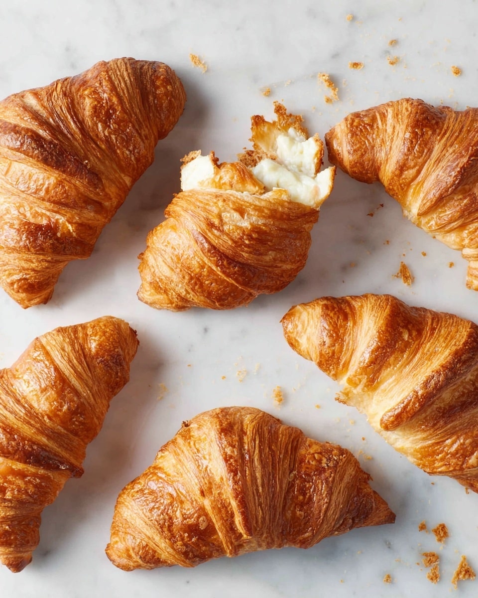 The image shows five golden brown croissants arranged on a white marbled surface. Each croissant is flaky with visible layers and a shiny, slightly crispy crust. One croissant at the top center is cut open, revealing a soft, creamy white cheese filling inside. There are small crumbs scattered around the croissants, adding a casual, fresh-baked feel to the scene. photo taken with an iphone --ar 4:5 --v 7